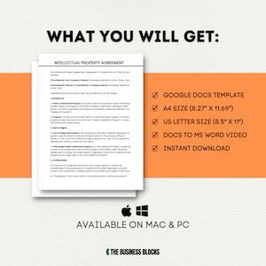 May include: A digital download of an Intellectual Property Agreement template in Google Docs format. The template is available in both US Letter and A4 sizes and can be converted to Microsoft Word. The document is available for instant download and is compatible with both Mac and PC.