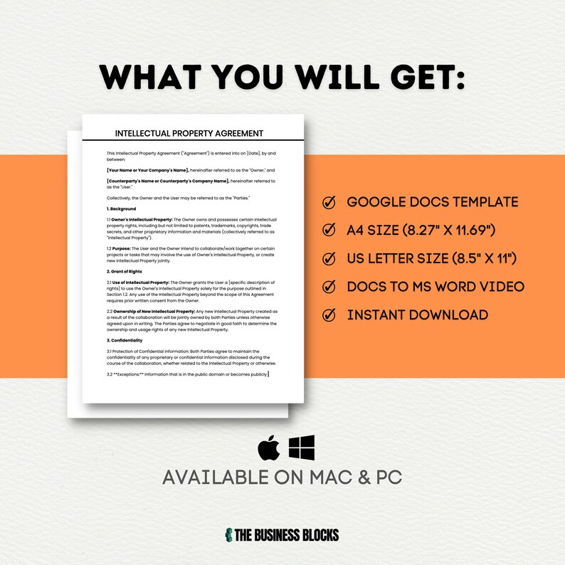 May include: A digital download of an Intellectual Property Agreement template in Google Docs format. The template is available in both US Letter and A4 sizes and can be converted to Microsoft Word. The document is available for instant download and is compatible with both Mac and PC.