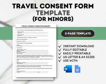 Travel Consent Form Template Parental Consent for Travel Child Travel Authorization Minor Travel Permission Travel Consent Letter Guardian