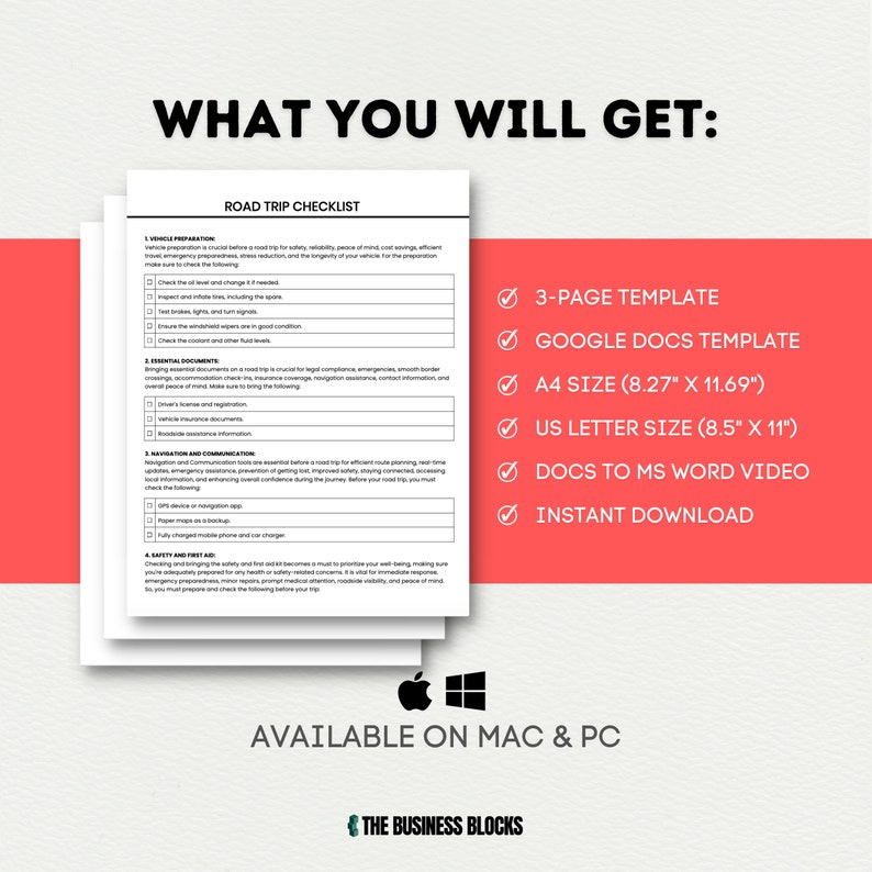 May include: A checklist for planning a road trip. The checklist includes sections for vehicle preparation, essential documents, navigation and communication, and safety and first aid. The checklist is available in Google Docs and Microsoft Word formats. The image also includes the text "What You Will Get: 3-Page Template, Google Docs Template, A4 Size (8.27" x 11.69"), US Letter Size (8.5" x 11"), Docs to MS Word Video, Instant Download".