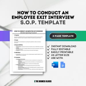 May include: A printable template for conducting employee exit interviews. The template is a two-page document with a checklist of steps, including scheduling the interview, preparing questions, and ensuring confidentiality. The document is available for instant download and is fully editable.