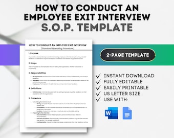 May include: A printable template for conducting employee exit interviews. The template is a two-page document with a checklist of steps, including scheduling the interview, preparing questions, and ensuring confidentiality. The document is available for instant download and is fully editable.