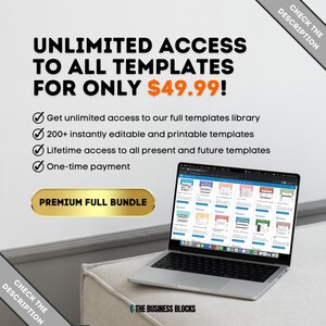 May include: A laptop computer displaying a website with a variety of templates. The website advertises unlimited access to all templates for &pound;49.99. The text "PREMIUM FULL BUNDLE" is displayed on a gold button.