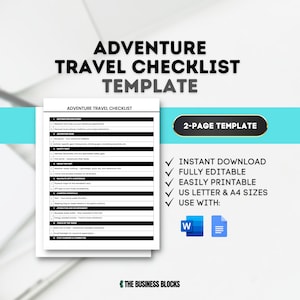 Può includere: Un modello di checklist in bianco e nero per viaggi d'avventura. La checklist è intitolata "Modello di checklist per viaggi d'avventura" ed è un modello di due pagine. La checklist include sezioni per la scoperta della destinazione, l'attrezzatura per l'avventura, la sicurezza prima di tutto, vestiti per l'occasione, naviga con sicurezza, gli elementi essenziali per il campeggio, l'idratazione e il cibo, gli strumenti del mestiere e resta organizzato e connesso. Il modello è disponibile per il download immediato, è completamente modificabile e può essere stampato facilmente nei formati US Letter e A4. Il modello può essere utilizzato con Microsoft Word e Google Docs.