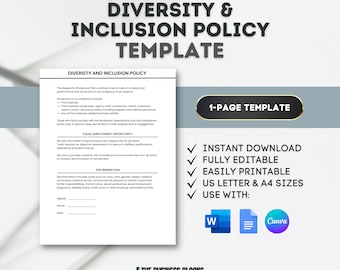 Diversity & Inclusion Policy Template: Editable HR Document (Canva, Google Docs, MS Word)