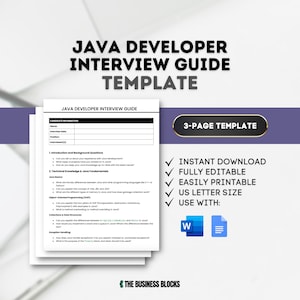 Może przedstawiać: Szablon przewodnika po rozmowie kwalifikacyjnej dla programistów Java. Szablon jest podzielony na sekcje dotyczące informacji o kandydacie, pytań wprowadzających i kontekstowych, wiedzy technicznej i podstaw Java, programowania obiektowego, kolekcji i struktur danych, obsługi wyjątków i innych. Szablon jest w pełni edytowalny i nadaje się do druku, a także jest dostępny do natychmiastowego pobrania. Szablon został zaprojektowany do użytku z Microsoft Word i Google Docs.