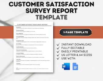 Puede incluir: Una plantilla azul y blanca para un informe de encuesta de satisfacción del cliente. La plantilla es un documento de una página e incluye secciones para introducción, resumen ejecutivo, conclusiones clave, datos demográficos, satisfacción general, satisfacción con el producto/servicio, áreas de mejora, plan de acción, conclusión y pensamientos finales. La plantilla está disponible para descarga instantánea y es totalmente editable e imprimible en tamaños US Letter y A4. La plantilla se puede usar con Microsoft Word y Google Docs.