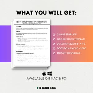 May include: A digital download of a 3-page crisis management plan template in Google Docs format. The template is designed for US letter size paper (8.5 inches by 11 inches) and includes a video tutorial on how to convert the document to Microsoft Word. The template is available for instant download on both Mac and PC.