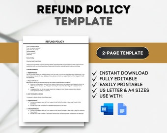 Refund Policy Template: Customizable for Google Docs & MS Word (Digital Download)