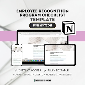 Könnte beinhalten: Ein Mockup eines Laptops, Tablets und Smartphones, auf dem eine Notion-Vorlage für eine Checkliste für ein Mitarbeiteranerkennungsprogramm angezeigt wird. Die Vorlage enthält Abschnitte für Programmziele und -ziele, Programmdesign, Kommunikation und Werbung und mehr. Das Bild enthält den Text "Employee Recognition Program Checklist" und "FOR NOTION".