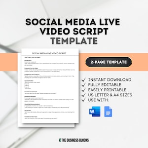 Könnte beinhalten: Ein weißes Dokument mit dem Titel "SOCIAL MEDIA LIVE VIDEO SCRIPT TEMPLATE" mit einer 2-seitigen Vorlage. Das Dokument enthält Abschnitte für Einleitung, Zweck, Tagesordnung und interaktive Elemente. Sofortiger Download, voll editierbar, US Letter & A4 Größen.