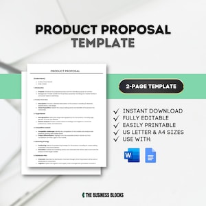 May include: A product proposal template with a green background and a white text box. The text box contains the title "Product Proposal Template" and a description of the template's features, including that it is a 2-page template, fully editable, easily printable, and available in US Letter and A4 sizes. The template can be used with Microsoft Word and Google Docs.