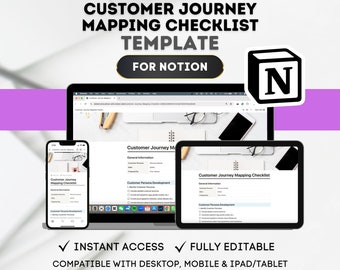 Puede incluir: Una maqueta de una plantilla de lista de verificación de mapeo del recorrido del cliente para Notion. La plantilla se muestra en una computadora portátil, una tableta y un teléfono. La plantilla incluye secciones para información general, desarrollo de la personalidad del cliente y etapas del recorrido del cliente. La plantilla es totalmente editable y compatible con dispositivos de escritorio, móviles y iPad/tableta.