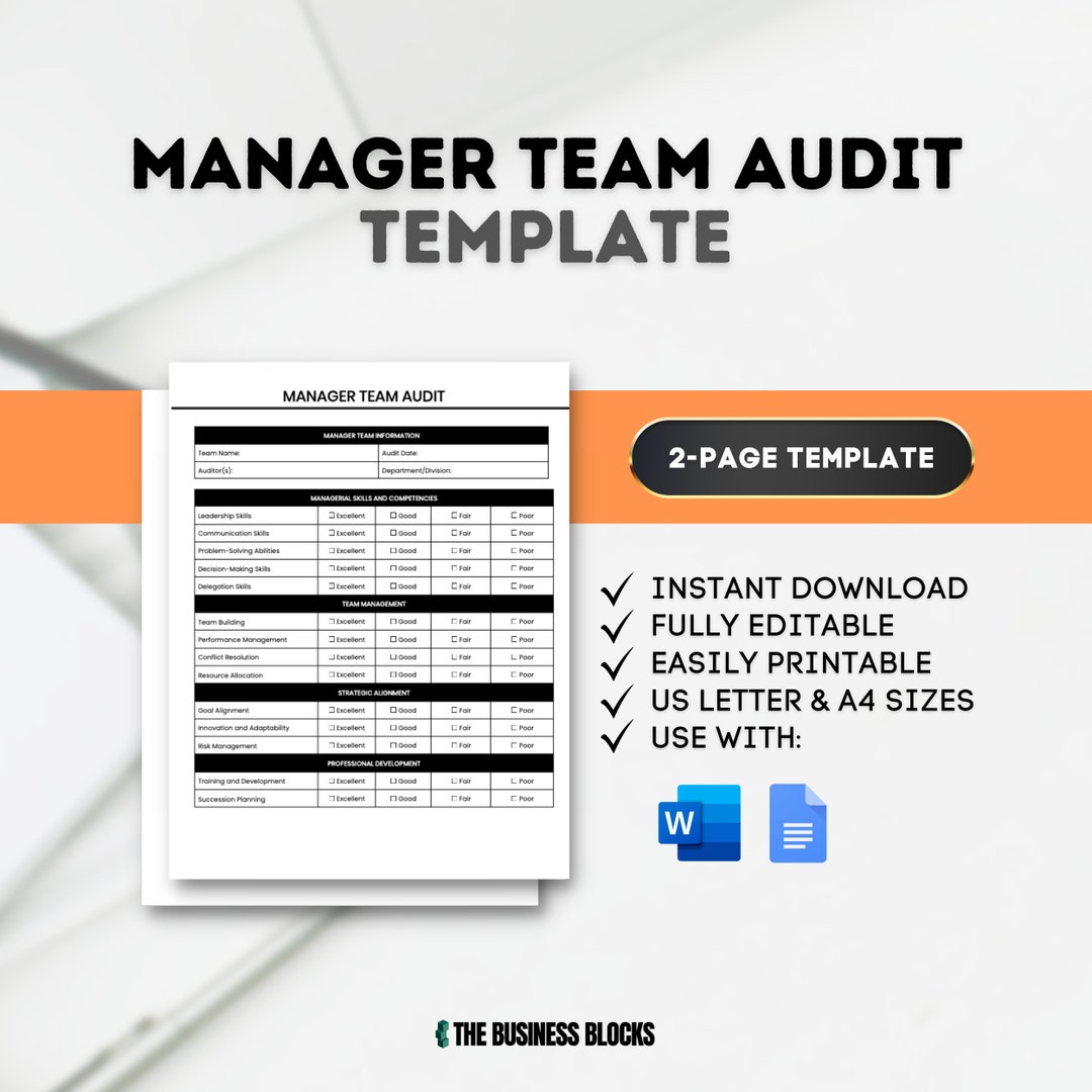 Manager Team Audit Template: HR Leadership Checklist (google Docs, MS ...