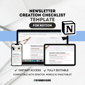 Op de afbeelding: Een digitale checklist-sjabloon voor het maken van nieuwsbrieven in Notion. De sjabloon wordt weergegeven op een laptop, tablet en smartphone. De sjabloon bevat secties voor planning en strategie, en contentcreatie.