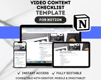 May include: A screenshot of a computer screen showing a Notion template for a video content checklist. The template is displayed on a laptop, tablet, and smartphone. The template includes sections for planning, production, and promotion.