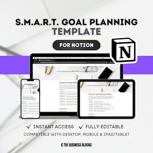 Puede incluir: Una maqueta de una pantalla de ordenador, una tableta y un teléfono inteligente que muestra una plantilla de Notion para la planificación de objetivos. La plantilla se titula "S.M.A.R.T. Goal Planning Template" e incluye secciones para la descripción de los objetivos, el plan de acción y las fechas límite. El texto "FOR NOTION" se muestra en un botón en la parte superior de la pantalla. El logotipo de Notion se muestra en la esquina superior derecha de la pantalla.