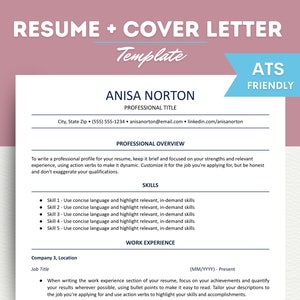 May include: A resume template with a blue and white color scheme. The template is designed to be ATS friendly and includes sections for professional overview, skills, and work experience. The text on the template includes the words "Resume + Cover Letter", "Template", "ATS Friendly", "Anisa Norton", "Professional Title", "Professional Overview", "Skills", "Work Experience", "Company 3, Location", "Job Title", and "(MM/YYYY) - Present".