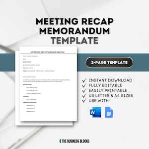 Puede incluir: Una plantilla de memorándum de resumen de reunión blanca y gris con un título negro "Plantilla de memorándum de resumen de reunión". La plantilla es un documento de dos páginas y es totalmente editable e imprimible. La plantilla es compatible con Microsoft Word y Google Docs.