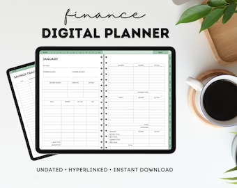 May include: A digital planner for managing finances. The planner includes sections for tracking income, expenses, savings, and debt. The planner is undated and hyperlinked, making it easy to use and customize. The planner is available for instant download.