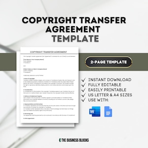 May include: A white Copyright Transfer Agreement template with the text "COPYRIGHT TRANSFER AGREEMENT TEMPLATE". Features include instant download, fully editable, easily printable, and US Letter & A4 sizes. Includes Microsoft Word and Google Docs icons.