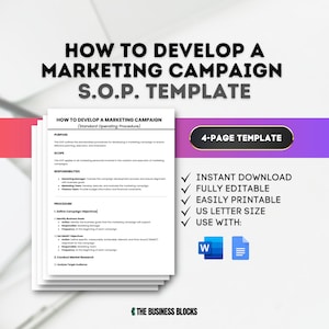 Peut inclure: Un modèle de quatre pages pour développer une campagne marketing. Le modèle comprend une procédure opérationnelle standard (POS) avec des sections pour l'objectif, la portée, les responsabilités et la procédure. Le modèle est disponible en téléchargement instantané, est entièrement modifiable, facilement imprimable et au format lettre US. Le modèle peut être utilisé avec Microsoft Word ou Google Docs.