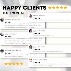 May include: A collage of customer testimonials for a digital product. The testimonials are positive and highlight the quality and usefulness of the product. The testimonials include text and five-star ratings.