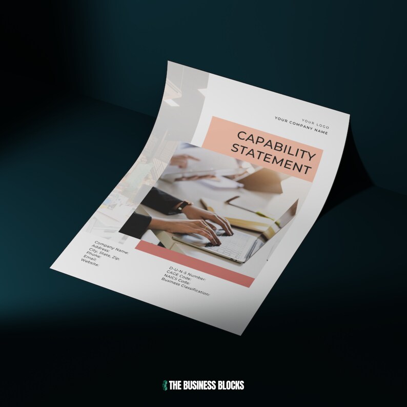 May include: A white and pink capability statement template with a photo of hands typing on a laptop. The text "Capability Statement" is in a pink box.