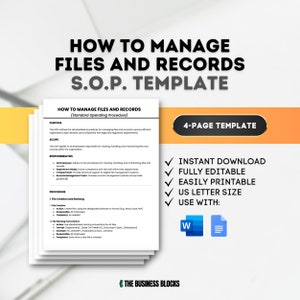 Può includere: Un modello di procedura operativa standard (POS) blu e bianco su come gestire file e registri. Il modello è un documento di quattro pagine e include sezioni per lo scopo, l'ambito, le responsabilità e le procedure. Il modello è disponibile per il download immediato, è completamente modificabile e può essere facilmente stampato. Il modello è compatibile con Microsoft Word e Google Docs.