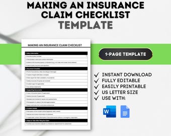 Insurance Claim Checklist Template: Claim Filing Guide (Digital Download)