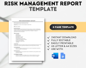 Könnte beinhalten: Ein weißes Risk Management Report Template mit dem Text "Risk Management Report Template" in Schwarz. Die Vorlage enthält ein Inhaltsverzeichnis und eine Zusammenfassung. Das Bild enthält auch den Text "2-PAGE TEMPLATE", "INSTANT DOWNLOAD", "FULLY EDITABLE", "EASILY PRINTABLE", "US LETTER & A4 SIZES" und "USE WITH:" mit einem Microsoft Word-Symbol.