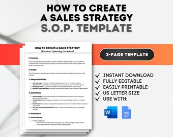 May include: A blue and white template for creating a sales strategy. The template is a 3-page document that includes sections for purpose, scope, responsibilities, definitions, and procedure. The template is available for instant download, is fully editable, and can be easily printed. The template is compatible with Microsoft Word and Google Docs.