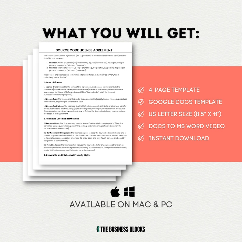 May include: A digital download of a 4-page Source Code License Agreement template in Google Docs format. The template is available in US Letter size (8.5" x 11") and includes a video tutorial on how to convert the document to Microsoft Word.