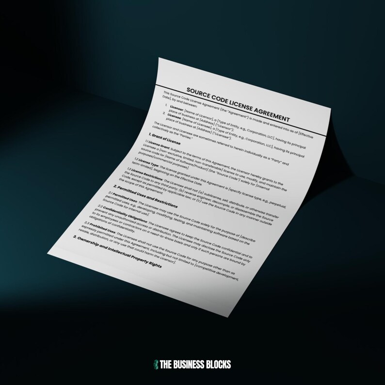 May include: A black and white image of a legal document titled "Source Code License Agreement". The document outlines the terms of a license agreement for the use of source code.
