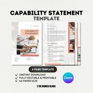 Puede incluir: Una plantilla de cuatro páginas para una declaración de capacidad. La plantilla está diseñada para ser utilizada con Canva e incluye un esquema de color rosa y blanco. El texto en la plantilla dice "Plantilla de Declaración de Capacidad", "Descarga instantánea", "Totalmente editable e imprimible", "Tamaño de papel A4" y "The Business Blocks".