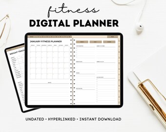 May include: A digital fitness planner on a tablet with a brown and white color scheme. The planner includes a calendar, weight tracker, and sections for setting goals, habits, and action steps. The text on the tablet reads "JANUARY FITNESS PLANNER".