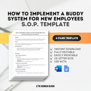 Może przedstawiać: 4-stronicowy szablon systemu buddy'ego dla nowych pracowników. Szablon jest w pełni edytowalny i nadaje się do druku w formacie US Letter. Szablon można używać z programem Microsoft Word i Google Docs. Szablon zawiera listę kontrolną obowiązków dla systemu buddy'ego.