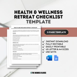 May include: A checklist template for a health and wellness retreat. The checklist is divided into three sections: Essentials, Mindfulness Tools, and Fitness Gear. The template is available in US Letter and A4 sizes and is fully editable. The text "3-Page Template" is visible in the upper right corner of the image.
