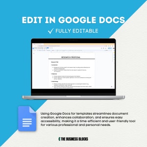 Pode incluir: Um computador port&aacute;til que exibe um documento do Google Docs com o texto "RESEARCH PROPOSAL" na barra de t&iacute;tulo. O texto "EDIT IN GOOGLE DOCS" &eacute; exibido acima do laptop, com uma marca de verifica&ccedil;&atilde;o ao lado do texto "FULLY EDITABLE". Abaixo do laptop, &eacute; exibido um &iacute;cone do Google Docs com o texto "Usar o Google Docs para modelos agiliza a cria&ccedil;&atilde;o de documentos, aumenta a colabora&ccedil;&atilde;o e garante acessibilidade, tornando-o uma ferramenta eficiente e f&aacute;cil de usar para diversas necessidades profissionais e pessoais." O texto "THE BUSINESS BLOCKS" &eacute; exibido abaixo do &iacute;cone do Google Docs.