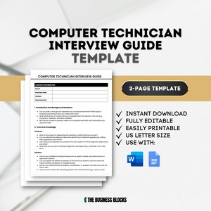 Peut inclure: Un modèle de guide d'entretien pour les techniciens informatiques en noir et blanc. Le guide est intitulé "Modèle de guide d'entretien pour les techniciens informatiques" et comprend des sections pour les informations sur les candidats, les questions d'introduction et de contexte, les connaissances techniques et les logiciels. Le guide est un modèle de 3 pages et est disponible en téléchargement instantané, est entièrement modifiable, facilement imprimable et est au format lettre US.