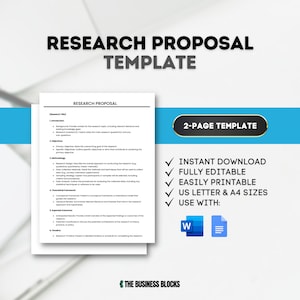 May include: A research proposal template in a blue and white colour scheme. The template is for a two-page document and is fully editable. The template is compatible with Microsoft Word and Google Docs. The text on the template reads "Research Proposal Template" and "2-Page Template".