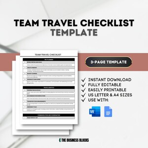May include: A checklist template for team travel planning. The checklist is divided into three sections: Pre-Planning, Travel Logistics, and Communication and Coordination. The template is available in US Letter and A4 sizes and is fully editable and printable. The text "3-Page Template" is visible in the upper right corner of the image.