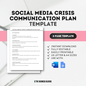 May include: A pink and white template for a social media crisis communication plan. The template is a two-page document with a checklist of items to include in the plan. The template is available for instant download, is fully editable, and can be printed in US Letter or A4 sizes. The template can be used with Microsoft Word or Google Docs.