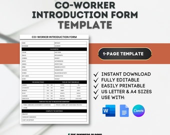 Pode incluir: Um modelo de formulário de introdução para colegas de trabalho, imprimível em preto e branco. O formulário inclui seções para informações pessoais, favoritos, perguntas de sim ou não, isto ou aquilo, como receber reconhecimento e um espaço para completar a frase "Não posso viver sem..." O modelo é projetado para uso com Microsoft Word e Canva.