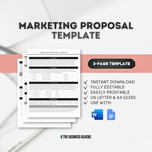 May include: A black and white marketing proposal template with a 3-page template design. The template is fully editable and printable in US Letter and A4 sizes. It can be used with Microsoft Word and Google Docs.