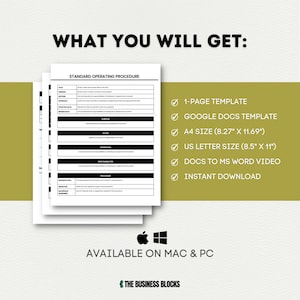 May include: A black and white image with the text "WHAT YOU WILL GET:" and a checklist of items. The checklist includes: 1-Page Template, Google Docs Template, A4 Size (8.27" x 11.69"), US Letter Size (8.5" x 11"), Docs to MS Word Video, Instant Download. The image also includes the text "AVAILABLE ON MAC & PC" and "THE BUSINESS BLOCKS".