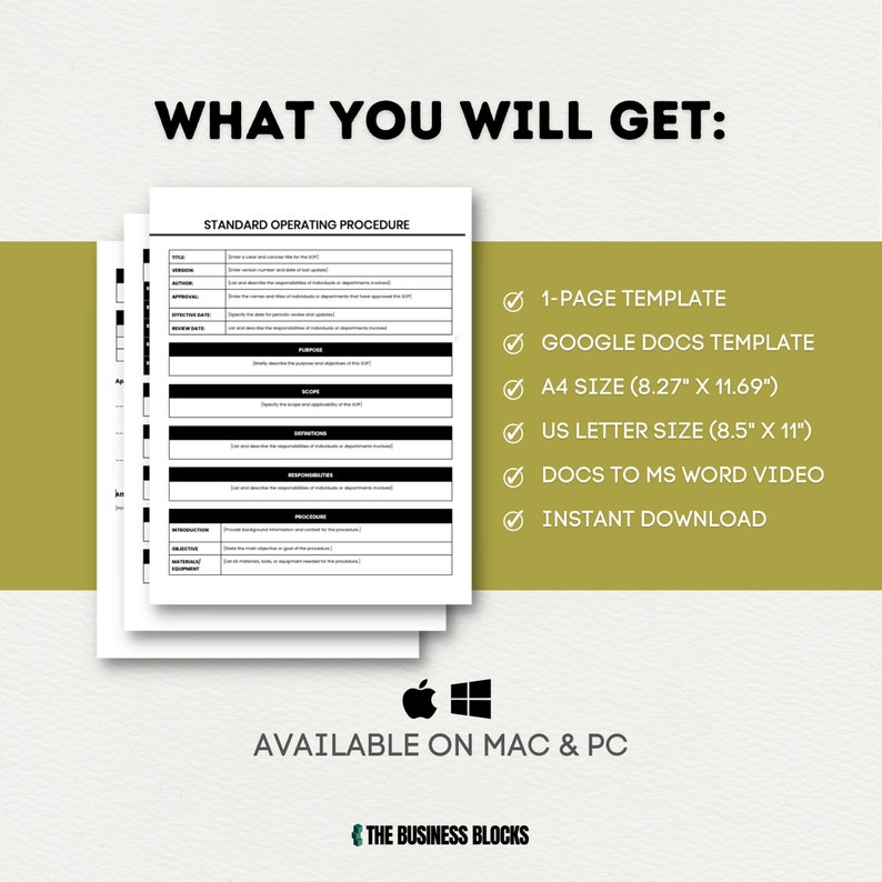 May include: A black and white image with the text "WHAT YOU WILL GET:" and a checklist of items. The checklist includes: 1-Page Template, Google Docs Template, A4 Size (8.27" x 11.69"), US Letter Size (8.5" x 11"), Docs to MS Word Video, Instant Download. The image also includes the text "AVAILABLE ON MAC & PC" and "THE BUSINESS BLOCKS".