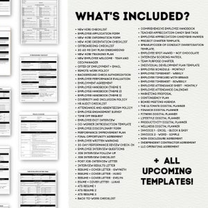 May include: A list of downloadable templates for businesses, including new hire checklists, employee handbooks, performance reviews, and more. The text "What's Included?" and "+ All Upcoming Templates!" is displayed on the page.