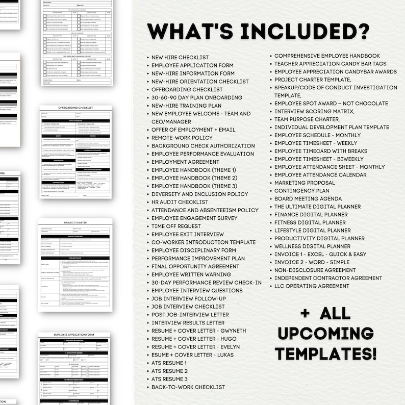 May include: A list of downloadable templates for businesses, including new hire checklists, employee handbooks, performance reviews, and more. The text "What's Included?" and "+ All Upcoming Templates!" is displayed on the page.