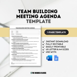 Puede incluir: Una plantilla de agenda de reunión de team building imprimible en un esquema de colores blanco, azul y verde. La plantilla incluye secciones para actividades de bienvenida y rompehielos, reflexión sobre la dinámica del equipo y la comunicación, discusión de fortalezas y áreas de mejora, establecimiento de objetivos para la colaboración del equipo, planificación de actividades de team building, actividad de cierre, plan de seguimiento y fecha y hora de la próxima reunión. La plantilla está disponible para descarga instantánea y es totalmente editable. También es imprimible en tamaños US Letter y A4. La plantilla se puede usar con Microsoft Word y Google Docs.